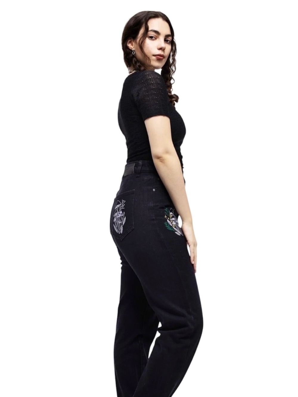 DISTURBIA Goth Embroidered Mycena Mushroom Mom Jeans Black 30 (US 8). - Picture 2 of 11
